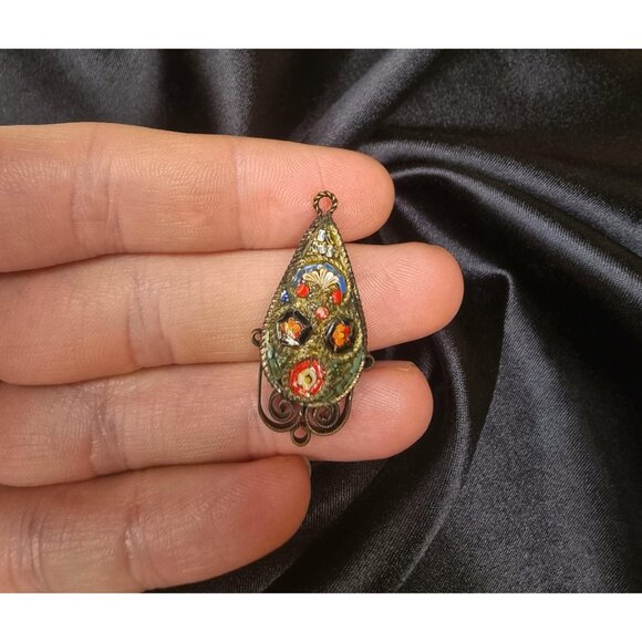 Antique Vintage Early XX Century Mosaic Italian Small Floral Pendant - Picture 4 of 5